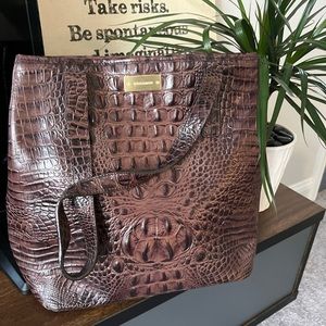 Brahmin Authentic Croc Embossed Leather tote shoulder bag in Pecan.